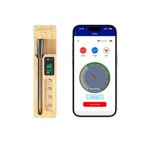 Wireless Bluetooth Meat Thermometer, 730FT App Remote Monitor, Type-C Charging for BBQ Grill Oven