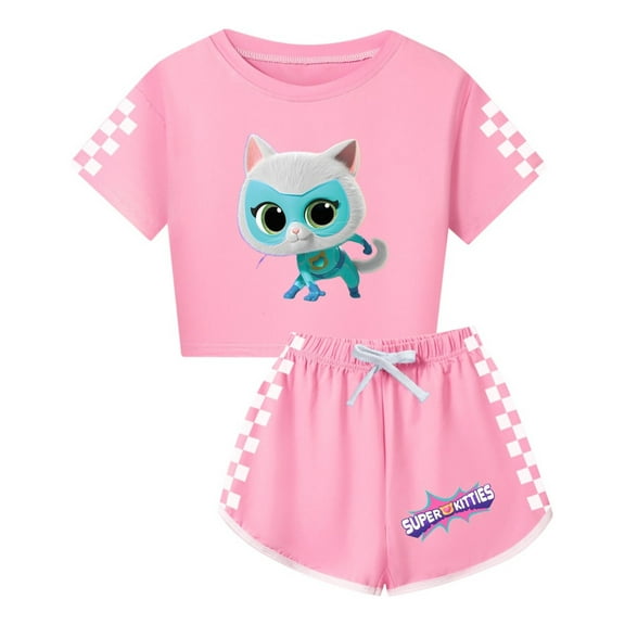 Girls Super Kitties 2-Piece Clothing Set – Cute Cropped T-Shirt and Shorts – Kids Casual Summer Wear