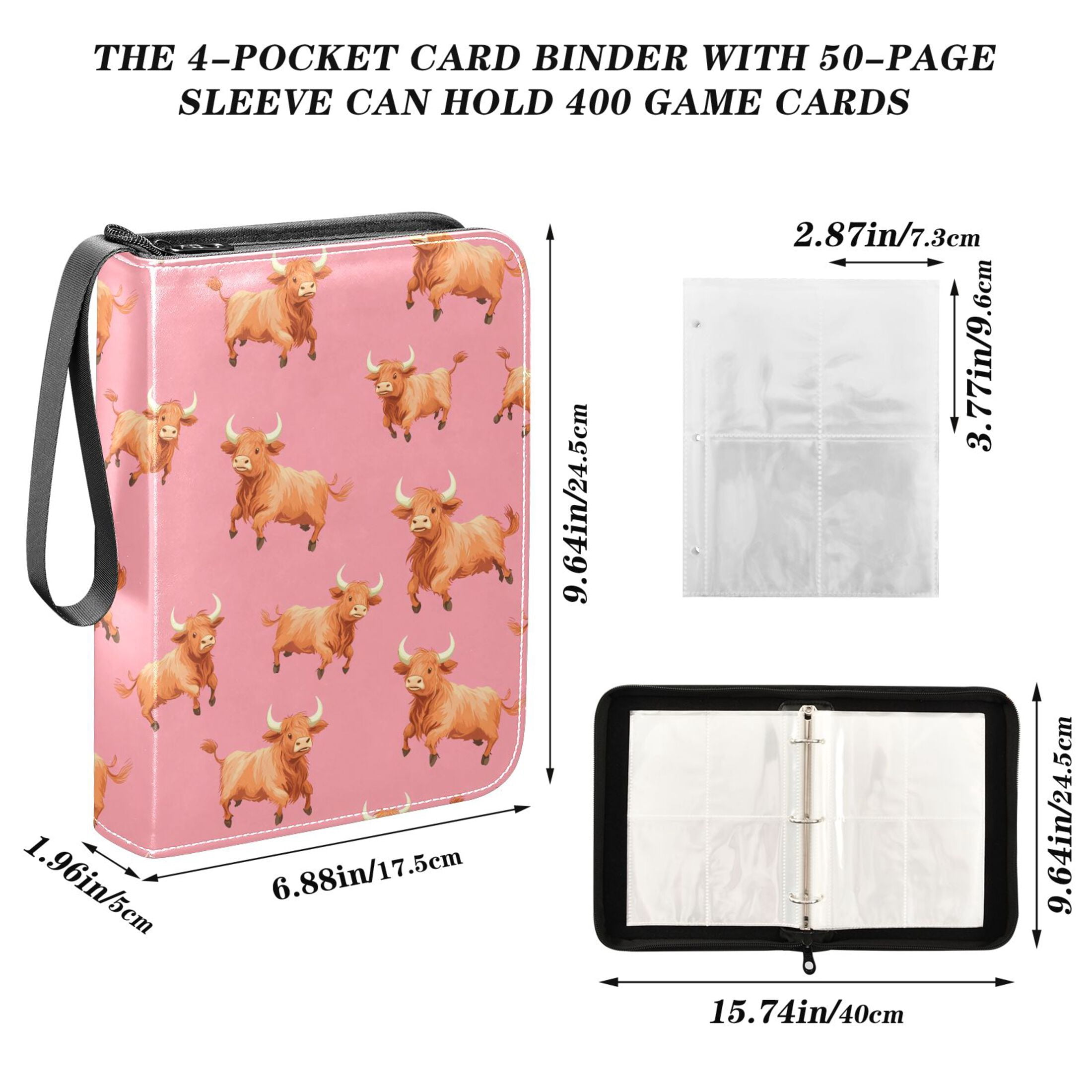 ALAZA Highland Cattle Running Trading Card Binder 4 Pocket Cards Collection Album 400 Folder Holder