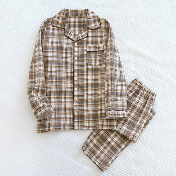 Men's Big and Tall Pajama Set Plaid 100% cotton Comfy Sleepwear Turndown Collar Loose Fit