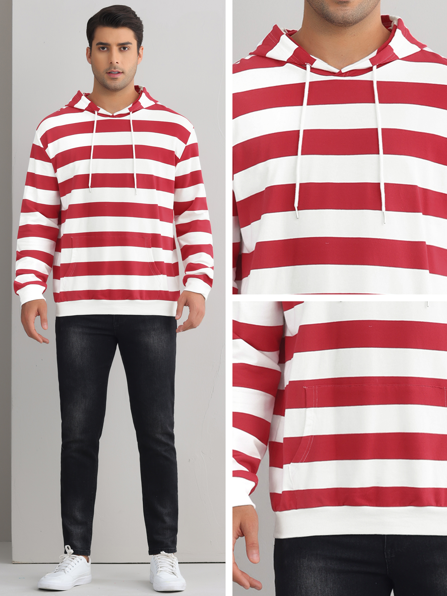 DARING DIVA Men's Striped Long Sleeves Drawstring Pullover Sweatshirts Hoodie L Red White