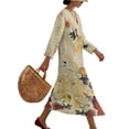 thumbnail image 3 of Xoenoiee Peony Flower Print Cotton Linen Dresses for Women 2026 Summer 3/4 Length Sleeve V Neck Midi Dress Boho Vacation Beach Sundresses, Size 4XL, 3 of 6