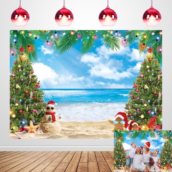 7x5FT July Christmas Backdrop Christmas Beach Backdrop Summer Xmas Tree Snowman Starfish Tropical Hawaiian Photography Background Family Holiday Party Decor Photo Props Vinyl