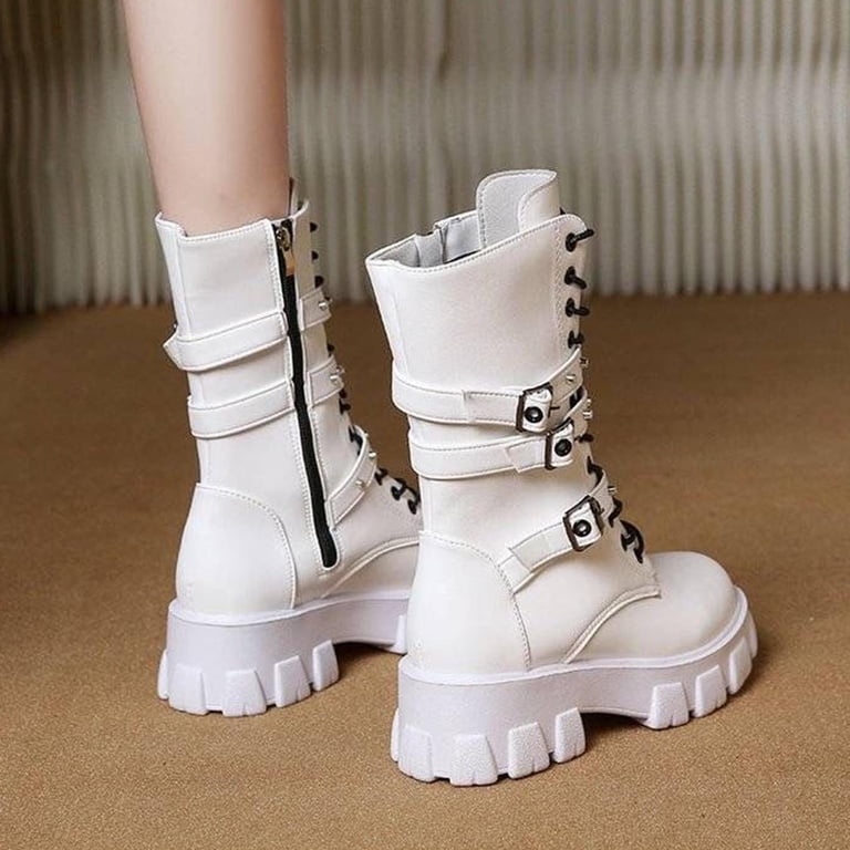 Womens Goth Buckle Booties Chunky High Heel Mid Calf Boots Side