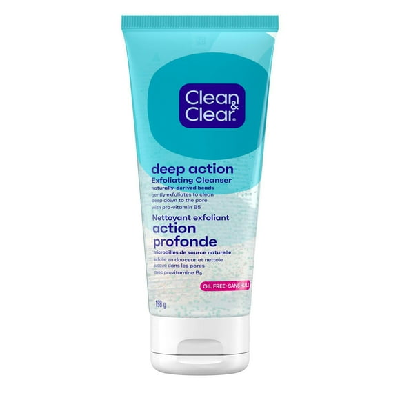 Clean & Clear Oil-Free Deep Action Exfoliating Cleanser with Pro-Vitamin B5, Gentle Exfoliating Daily Face Wash Cleans Deep for Soft, Smooth, Hydrated Skin, Paraben-Free, 198 g