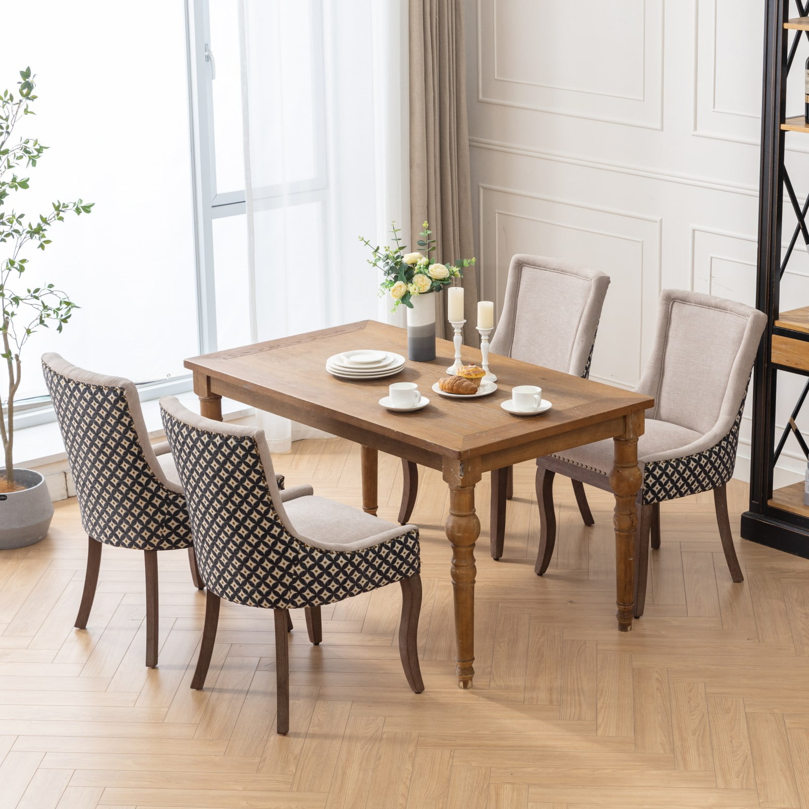 Gewnee Set of 2 Side Dining Chairs, Fabric Upholstered High Back Dining Table Chairs with Solid Wood Legs for Dining Room & Kitchen,Beige&Black