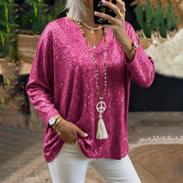 AUNVITO Women's Sparkly V-Neck Long Sleeve Blouse Loose Fit Plus Size Casual Glamorous Style