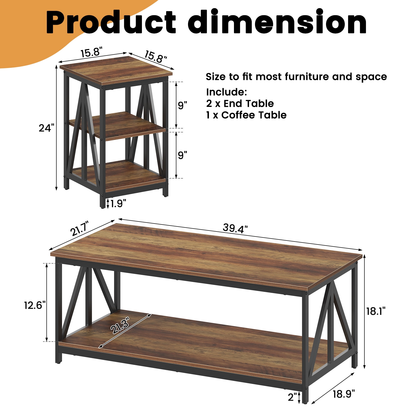 Timagebreze Wood 3-Piece Table Sets Includes 1 and 2 End Tables Home Accent Furniture for Living Room