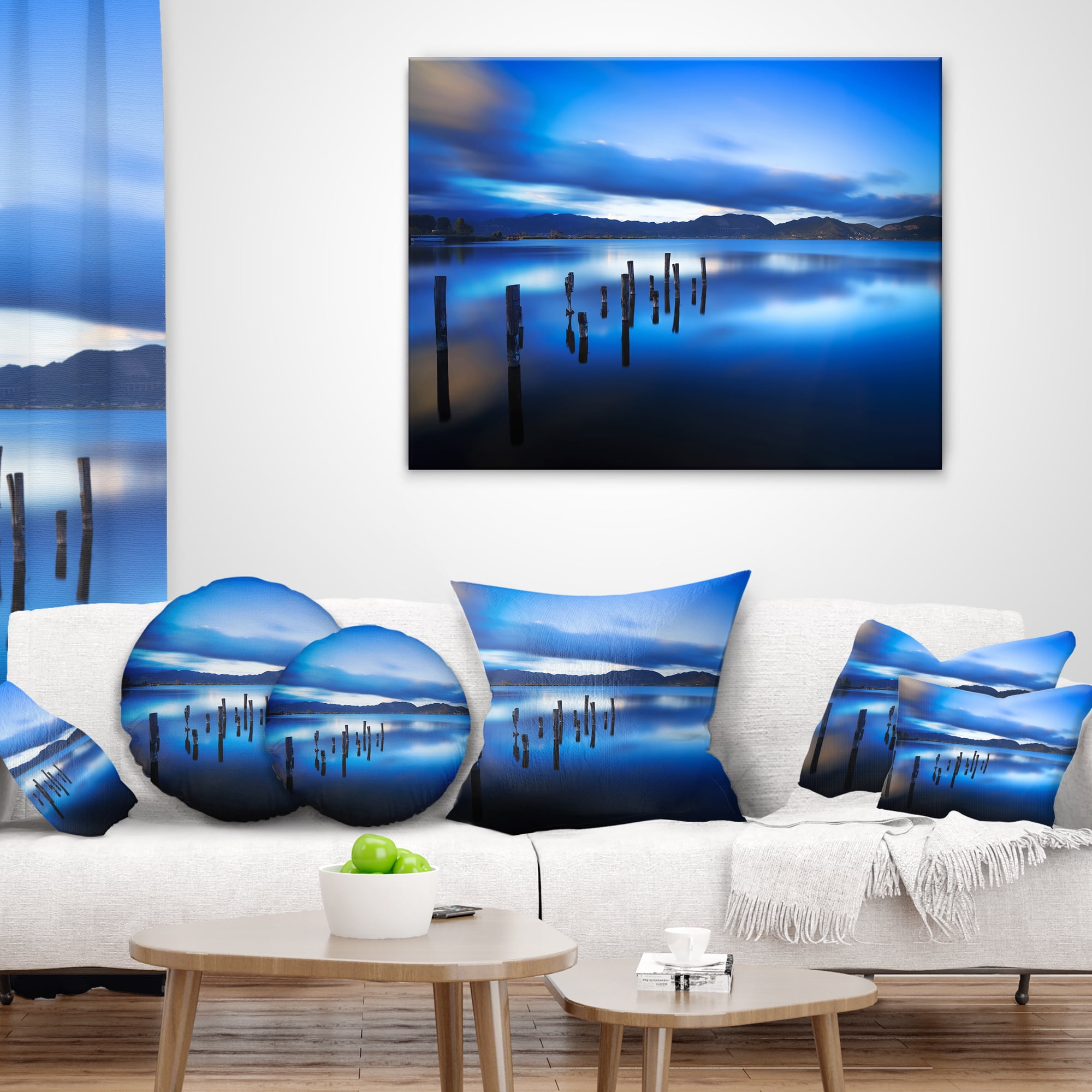Designart Blue Lake Sunset with Pier - Landscape Photography Throw Pillow - 12x20