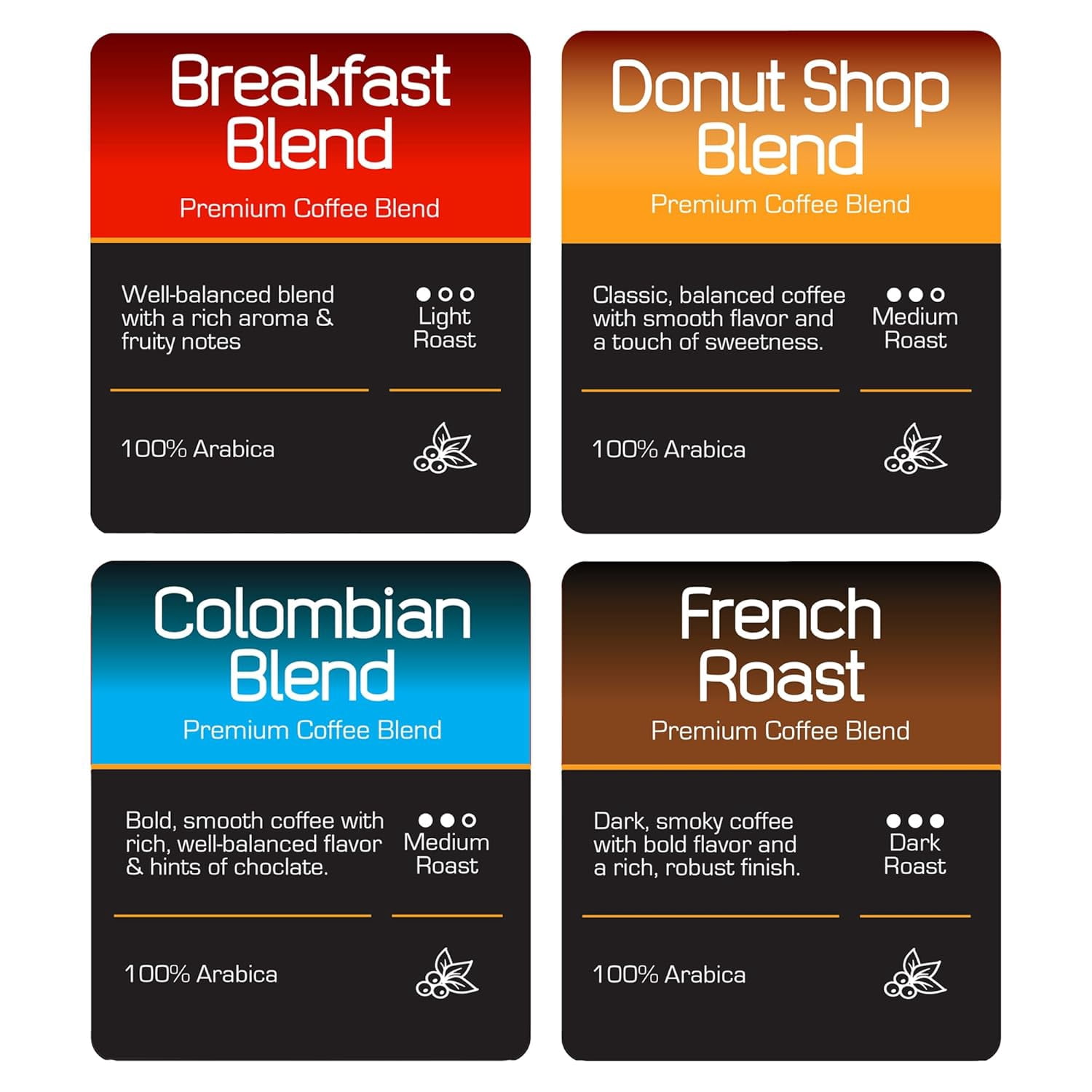 Roast Ridge Single Serve Coffee Pods for Keurig K-Cup Brewers, Variety Pack, Light, Medium, Dark Roast (25 ea: Breakfast Blend, Donut Shop, French Roast, Colombian) 100 Ct