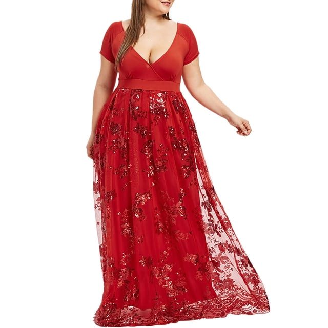 Leutsin Robe de Soirée en Maille à Paillettes Florales à Manches Courtes à Col en V pour Femme Grande Taille