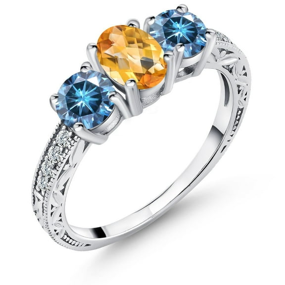 Gem Stone King 925 Sterling Silver 3-Stone Ring Oval/Checkerboard Yellow Citrine and Vivid Persian Blue Moissanite (1.85 Cttw, Size 8)