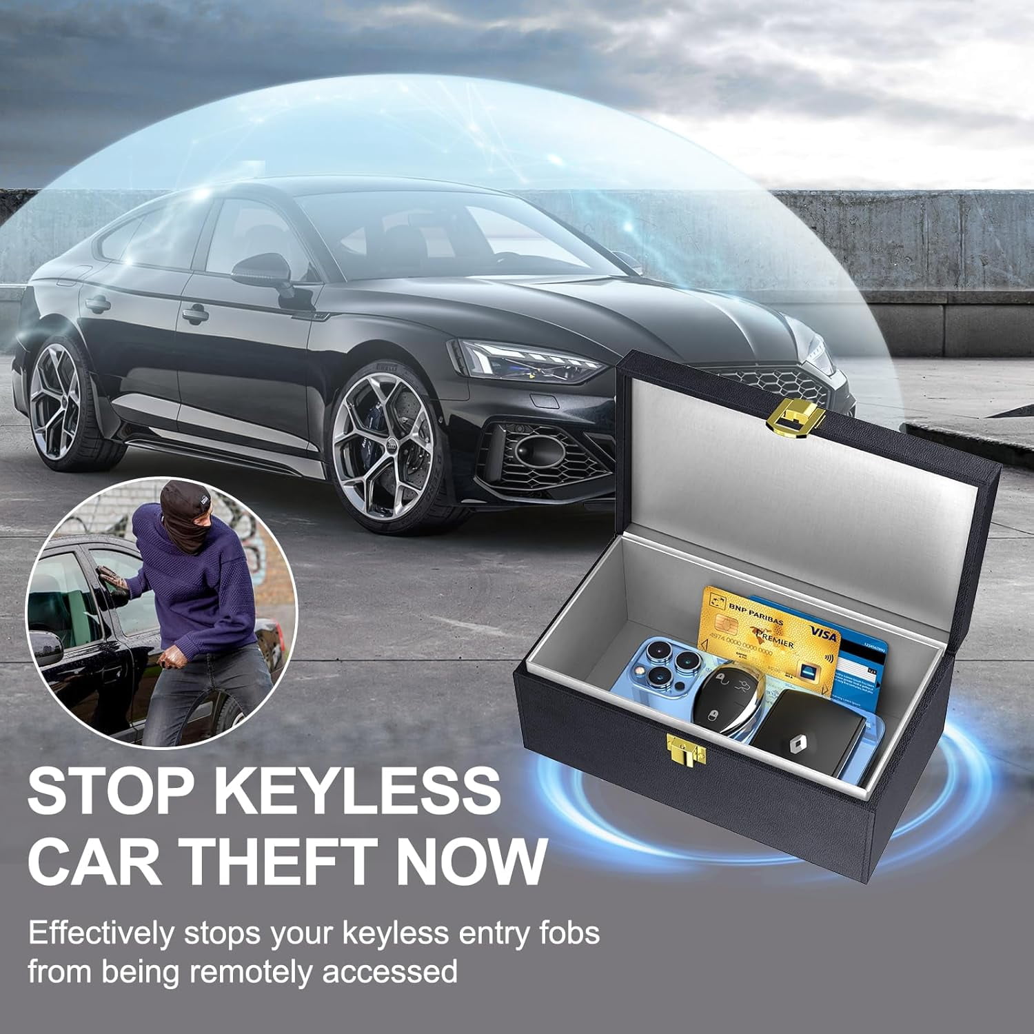 Faraday Box, Car Key Fob Protector with 2 Pack Faraday Bag, PU Leather Signal Blocker for Keyless Fob, RFID Signal Blocking Pouch Cage(8.6*5.1*4.1 inch)