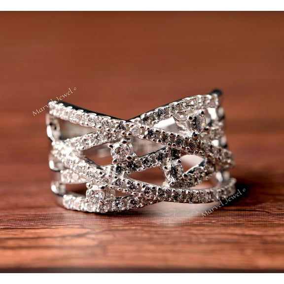 Multi Row Diamond Wedding Band, Criss Cross Diamond Engagement Ring, Half Eternity Diamond Band, Pave Set Diamond Ring, 925 Sterling Silver, 2.4 Ct Simulated Diamond