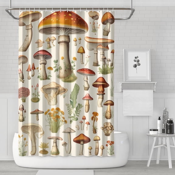 Cottagecore Fungi Waterproof Shower Curtain, Machine Washable Fabric with Hooks, Boho Woodland Mushroom and Whimsical Mushroom Bathroom Shower Curtain