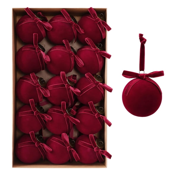 15Pc 3.15 Inch Flocked Velvet Christmas Balls, Bowknot Plastic Hanging Ornaments For Xmas Tree Wreath Garland Gift Party Decor Wine