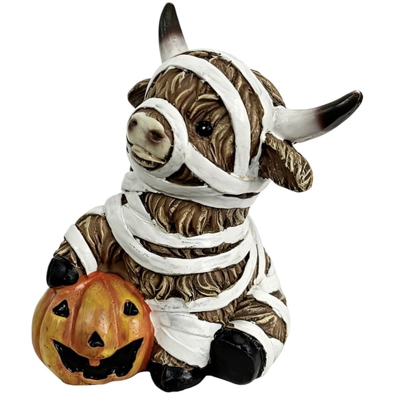 Highland Cow Statue Halloween Decor, Funny Resin Mummy Cow Figurine with Pumpkin for Home Office Ornaments, Spooky Small Animal Sculpture for Desktop Tiered Tray Shelf Mantel Centerpiece Decor