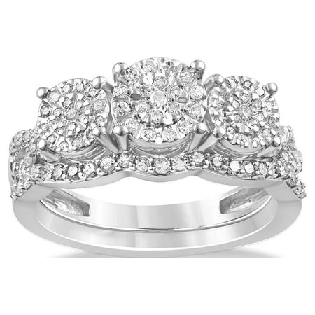 Brilliance Fine Jewelry 1/2 Ct Sterling Silver Three Stone Diamond Wedding Bridal Set for Women