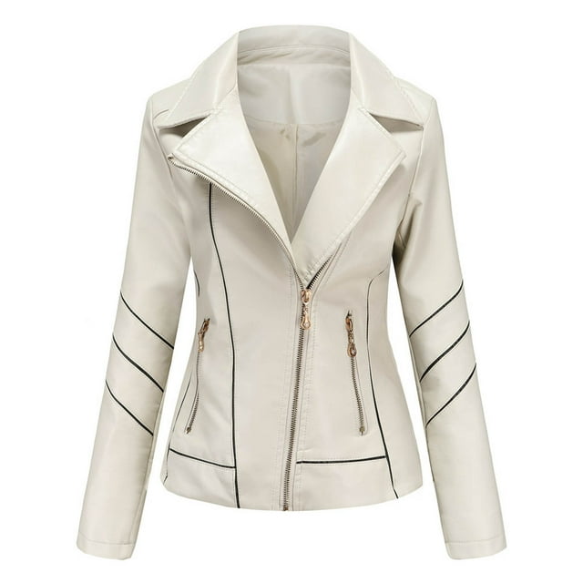 Qertyioot Womens Leather Jacket New Slim Stand-Up Collar Zipper Stitching Solid Color
