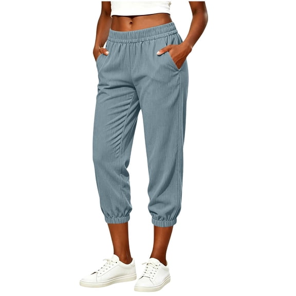 Yyeselk Womens Corduroy Cropped Pants Casual Classic Fit Elastic Waist Beach Trousers Joggers Sweatpants with Pockets Light Blue XL