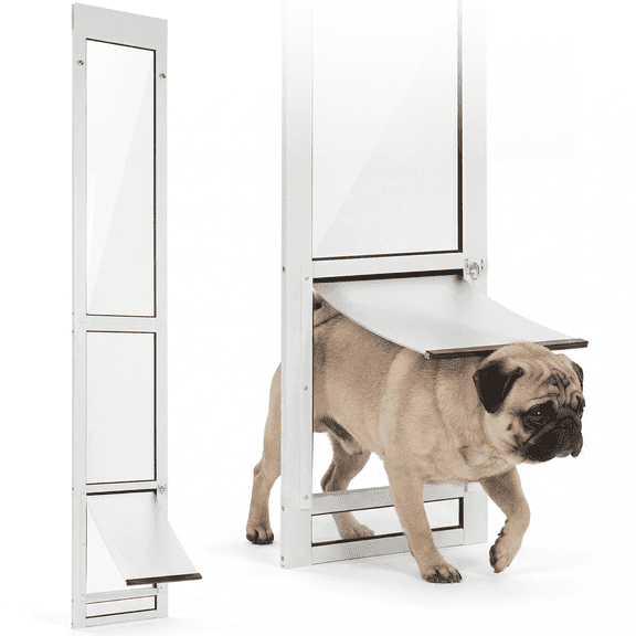 Slevoo Dog Door for Sliding Glass Door, Height Adjustable 79 1/5" to 82", Weatherproof Silicone Flap, Lock Design, White Aluminum Frame, Medium