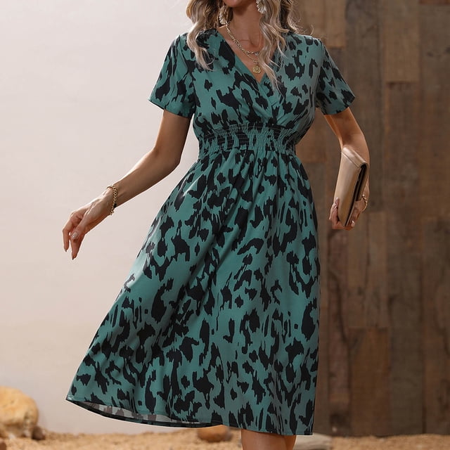 Pisexur Robe à Manches Courtes à Col en V Femme Été Imprimée Col en V Robe à Manches Courtes Robe Femme en Liquidation