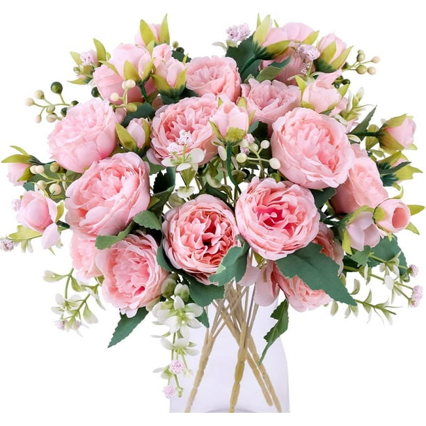 1 ramo de flores artificiales de rosa y peonía, flores blancas, ramo de peonía de seda utilizado para bodas, fiestas, arreglos florales en el centro de la mesa, decoración de la cocina del hogar, rosa