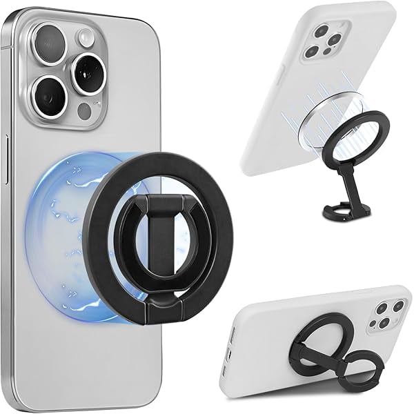 wonima11 Adjustable Magnetic Ring Holder Grip, Compatible Phone Ring Stand, Multi-Angle Kickstand, Ultra-Compact Folding Double Sided Magnetic Phone Grip, Including Magnet Ring for Phone Case, Black