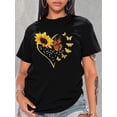 thumbnail image 1 of Women's Sunflower & Butterfly Print T-Shirt - Casual Crew Neck, Short Sleeve, Polyester Blend, Machine Washable - Perfect for Spring/Summer/Fall, 1 of 8