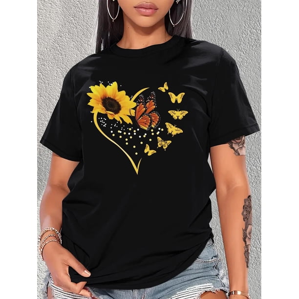 Camiseta Para Mujer De Verano Cuello RedondoWomen's Sunflower & Butterfly Print T-Shirt - Casual Crew Neck, Short Sleeve, Polyester Blend, Machine Washable - Perfect for Spring/Summer/FallFather's D