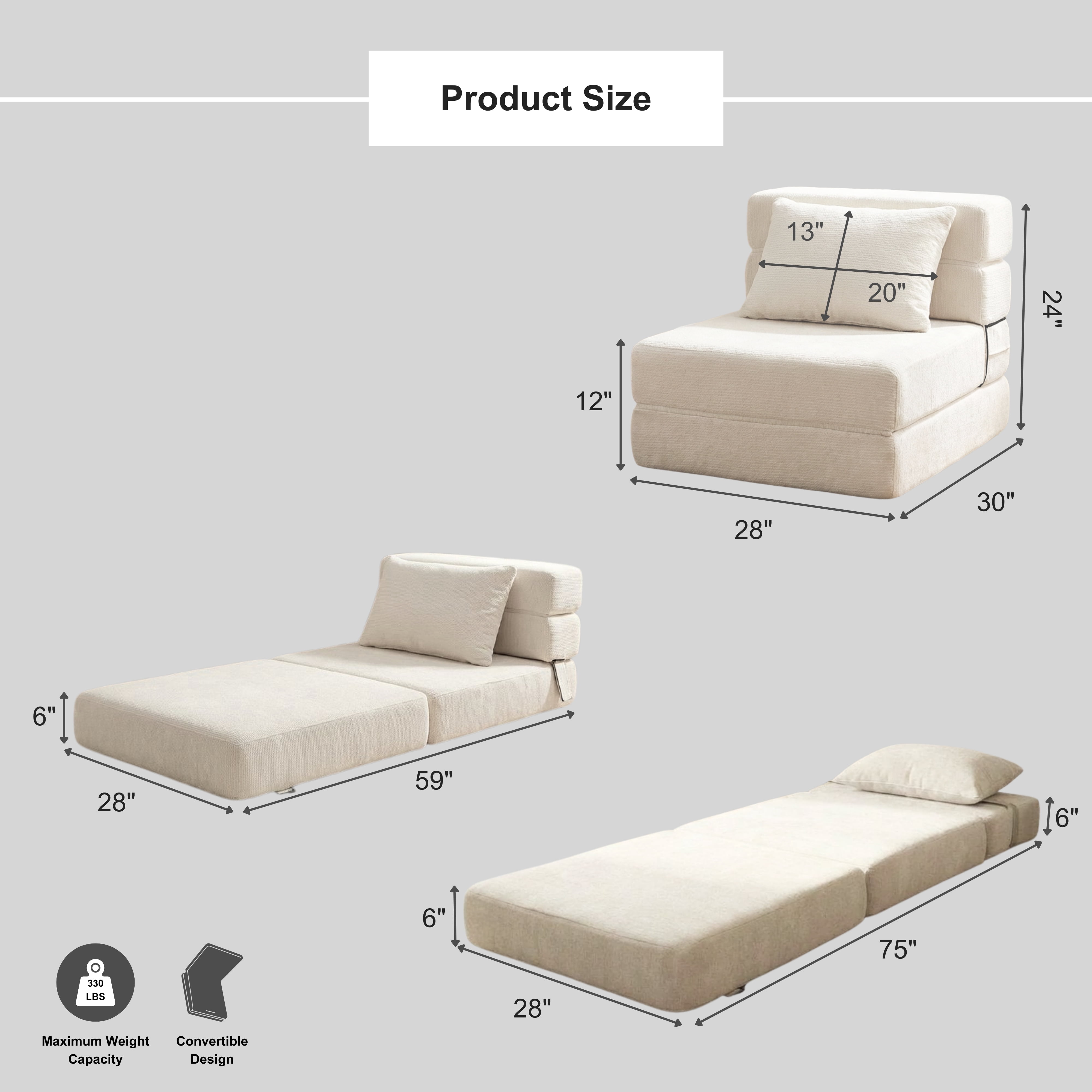 Oak and Birch Folding Sofa Bed Floor Couch with Pillow, 3-in-1 Convertible Boneless Convertible Chair, Chaise Lounge & Sleeper for Living Room, Apartment, Dorm, Gaming Room, Chenille, Cream