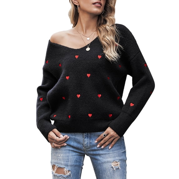 Sweaters for Women V-Neck Long Sleeve Womens Sweaters Heart Print Winter Sweaters Alsol Lamesa