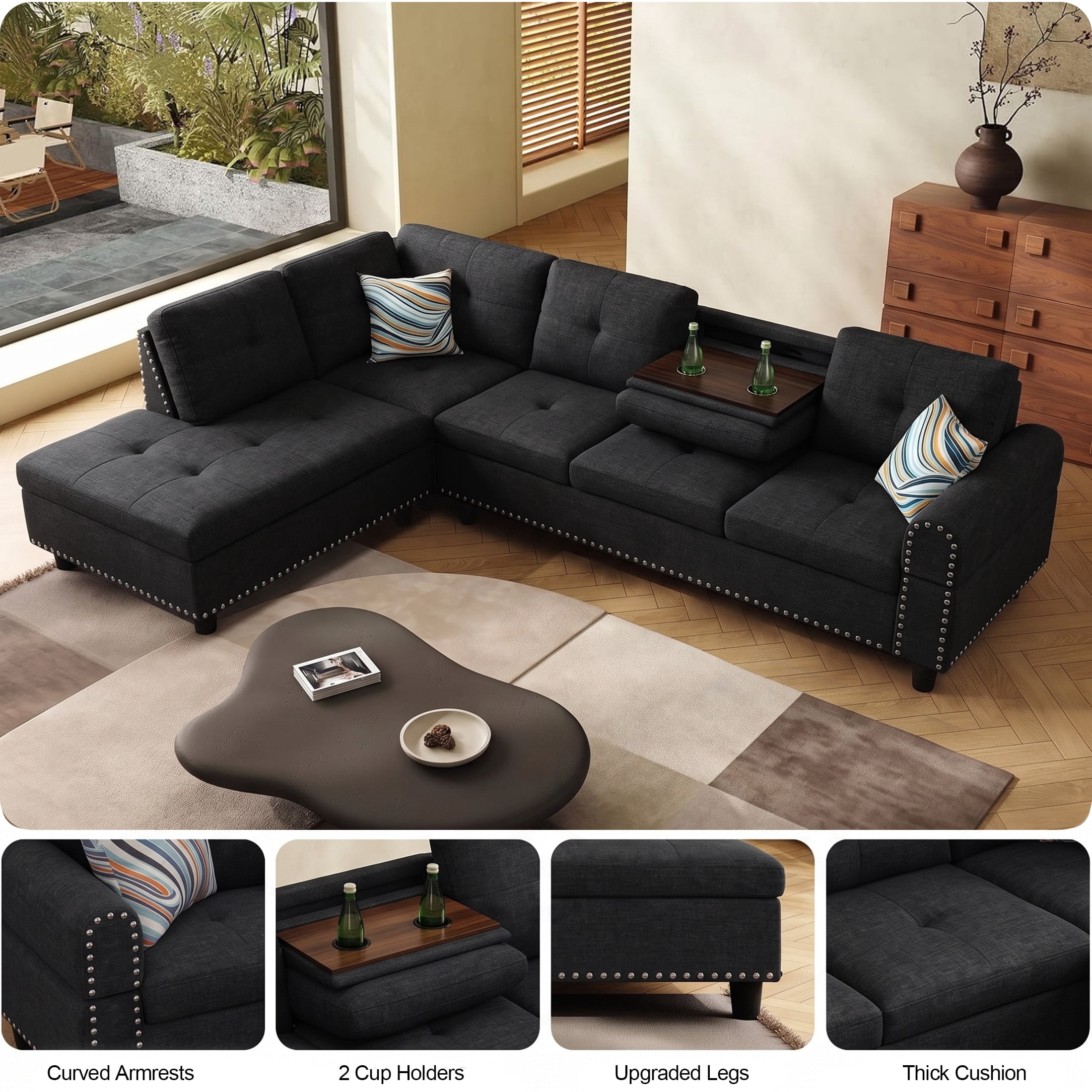 AENKYO 98" L-Shaped Sectional Sofa with Reversible Chaise and Cup Holders, Linen, Black Gray