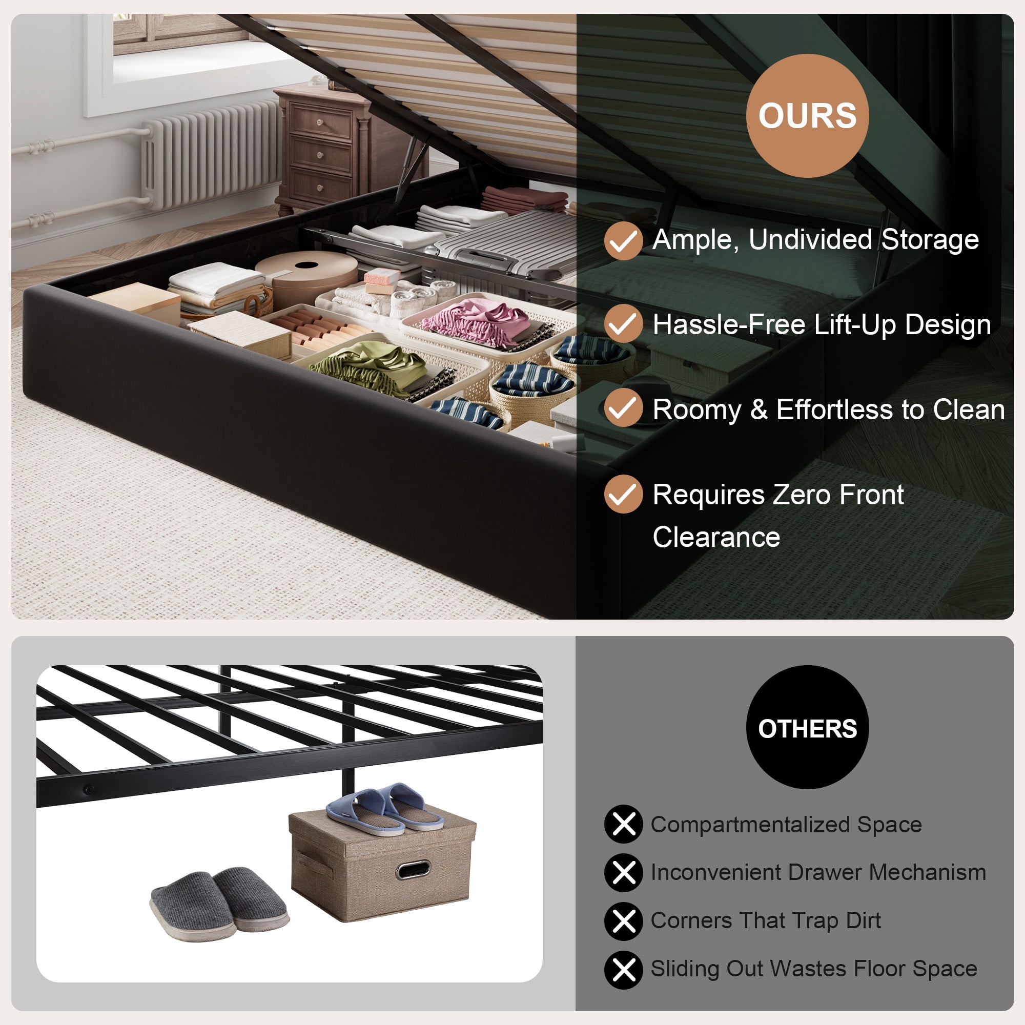 Amolife Queen Size Lift Up Hydraulic Storage Bed Frame, Platform Bed with Upholstered Wingback Headboard with Vertical Channel Tufting, Black