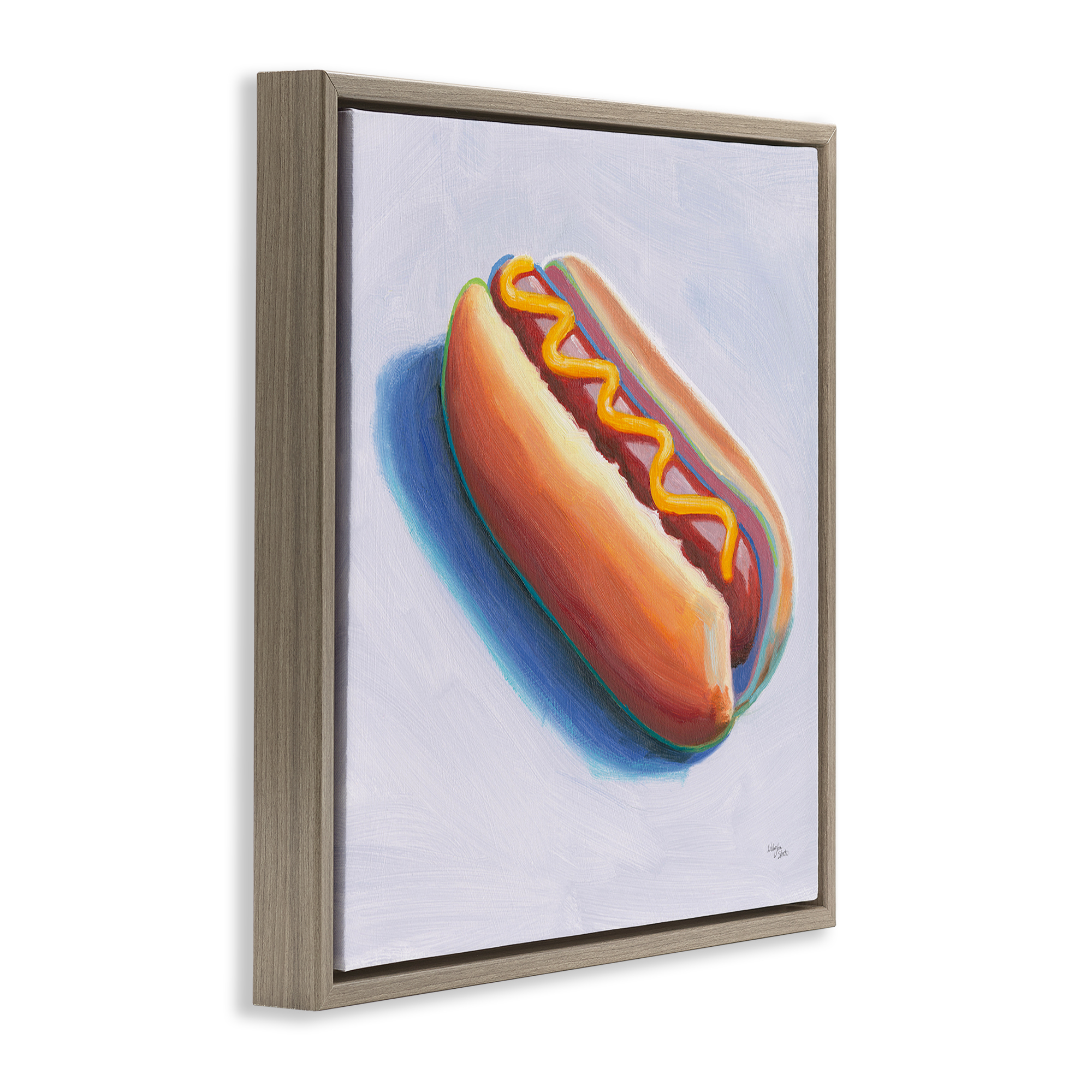Stupell Industries Hot Dog with Mustard Food & Beverage Painting Brown Floater Framed Canvas Art Print Wall Art, 18 x 18