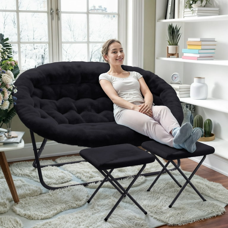 Emma + Oliver Folding Double Saucer Chair with 2 Ottomans Black