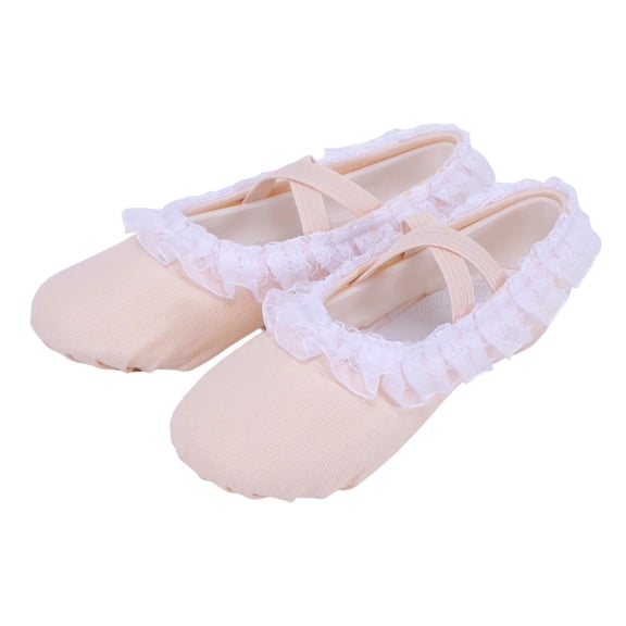 Miqool Kids Canvas Ballet Dance Shoes Lace Trim Soft Sole Slip-On Elastic Cross Strap Toddler to Big Kid Practice Stage Performance Footwear