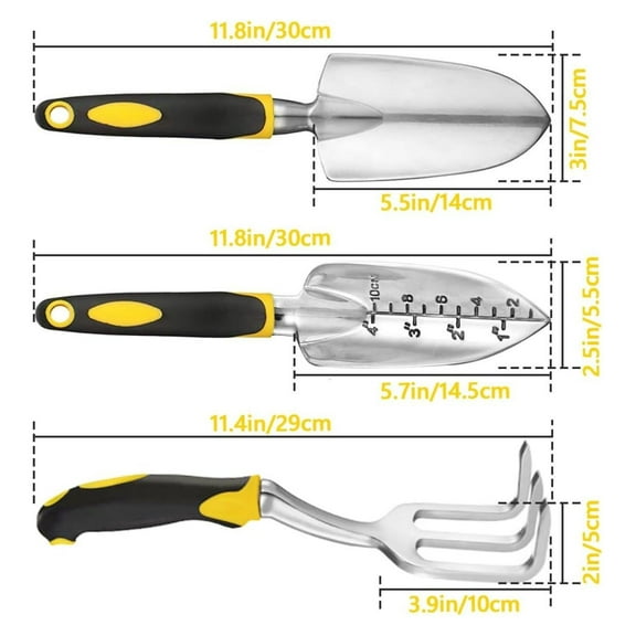 Gardening Hand Tools 3 Piece Set - Heavy Duty Garden Trowel, Transplanter, Hand Rake - Handle - Bend-Proof & Rust-Proof Design