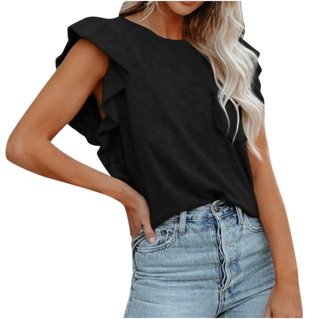 Pompotops Mode Femmes Casual Col Rond Double Couche Poche à Volants Manches Courtes Pull Tops T-Shirt Blouse