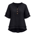 thumbnail image 5 of Womens Fringe Boho Tops Casual Cotton Linen Distressed V Neck Shirts Short Sleeve Gauze Blouses Raw Edge Hem Black S, 5 of 7