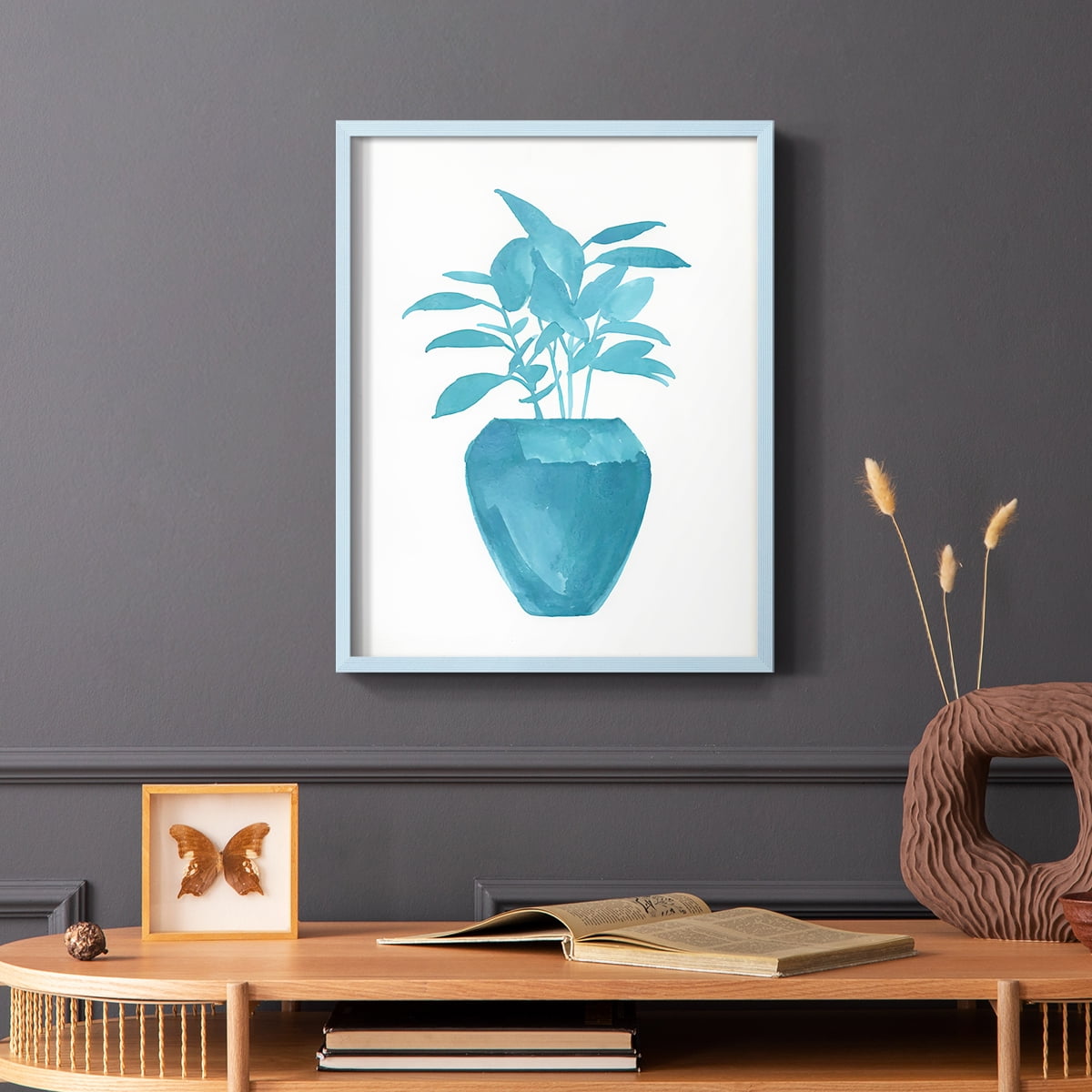 Watercolor House Plant V Framed Print in Blue Solid Wood 11 x 14 Framed Print