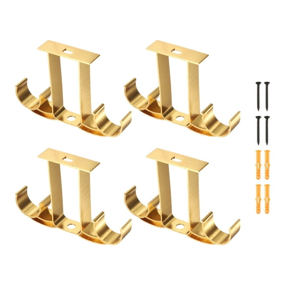 4 PackCeiling Curtain Rod Holders, 115mm Double Drapery Rod Bracket for 1" Pole, Curtain Rods Hook Hangers Support Wall Mount with Screws, Bright Gold