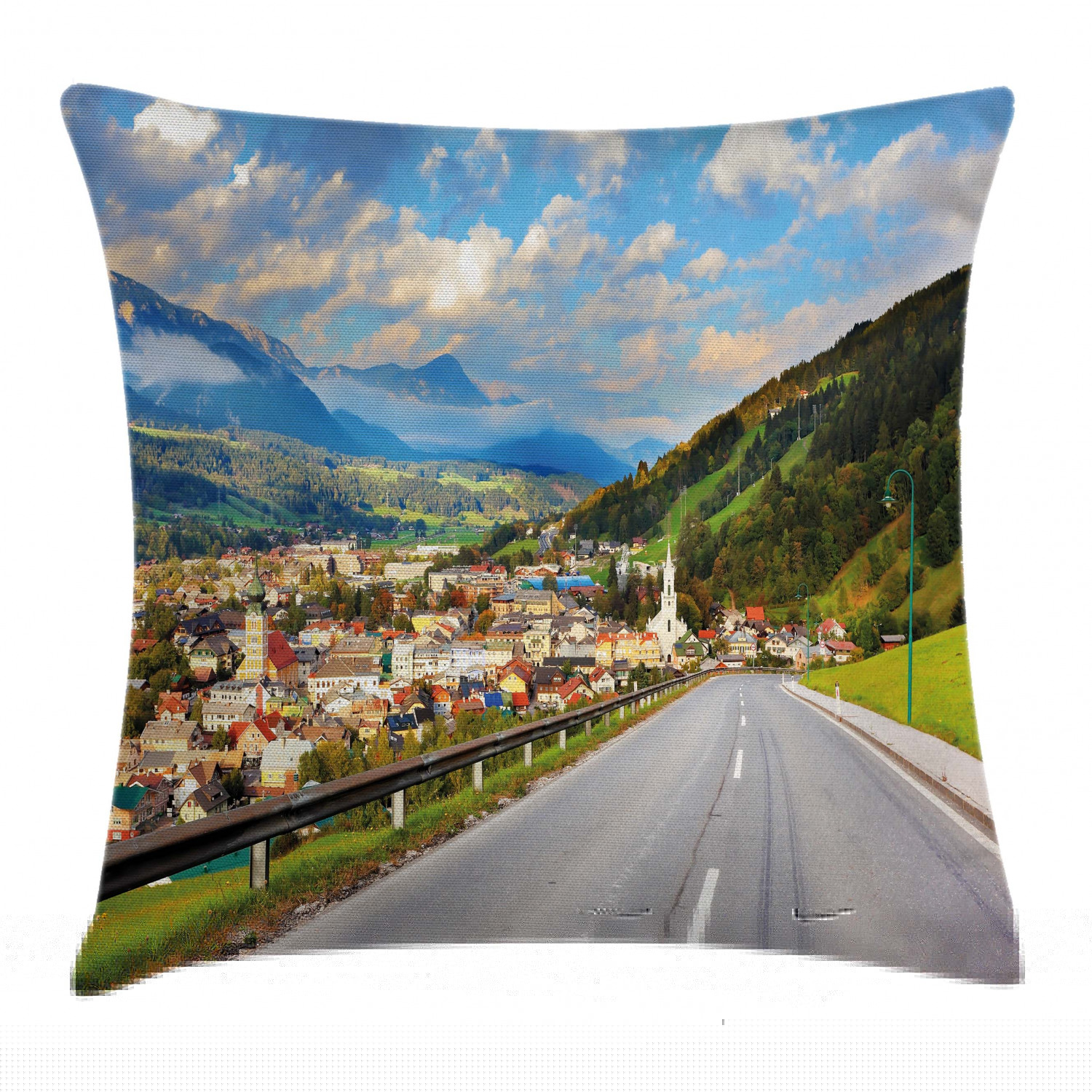 thumbnail image 1 of Landscape Throw Pillow Cushion Cover, Road in the Alps Small Town with Colorful Houses Clouds Clear Sky Rural Scenery, Decorative Square Accent Pillow Case, 24 X 24 Inches, Multicolor, by Ambesonne, 1 of 2