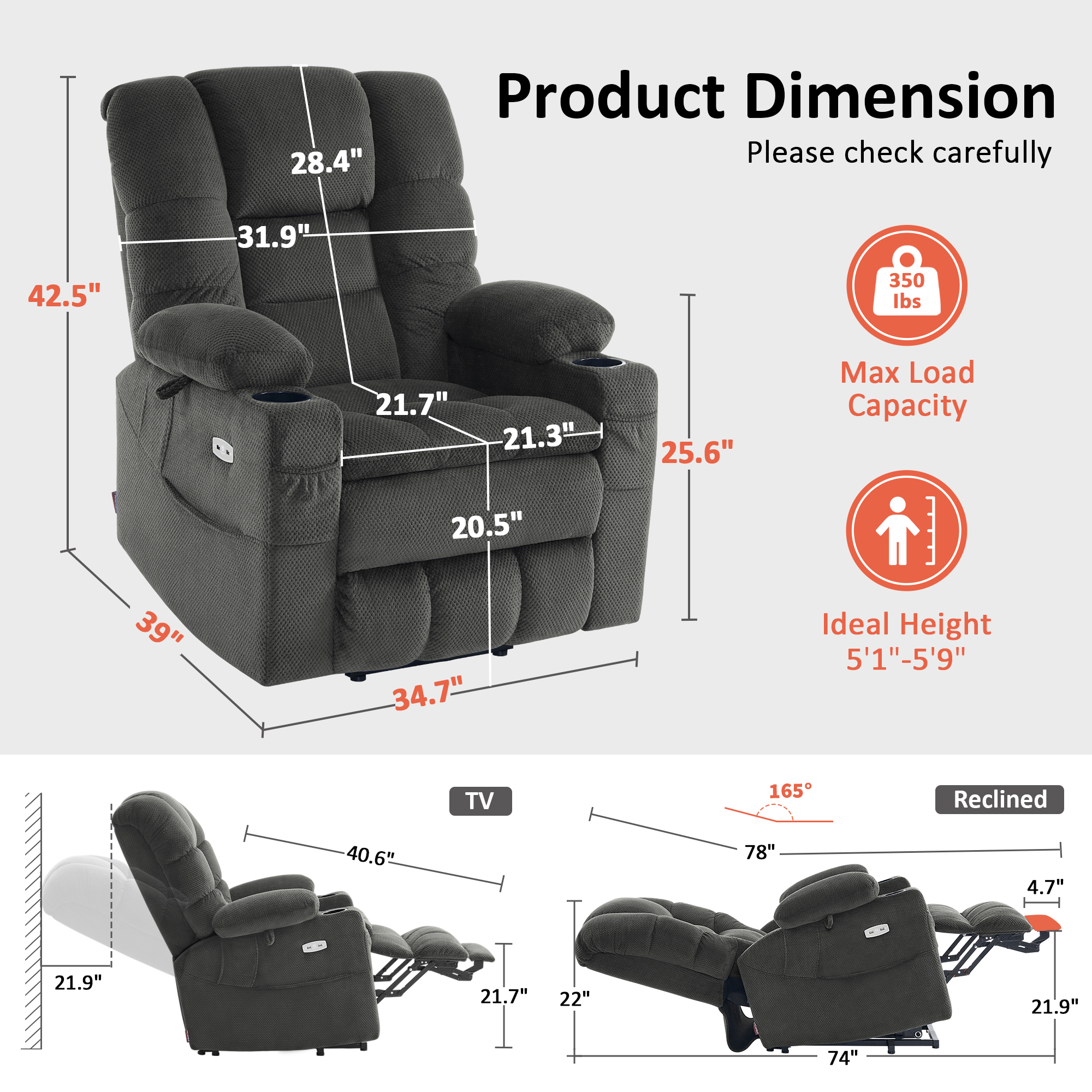 MCombo Triple Motor Power Lift Recliner for Elderly, Sleep Recliner Sofa with Adjustable Headrest, Fabric, Grey
