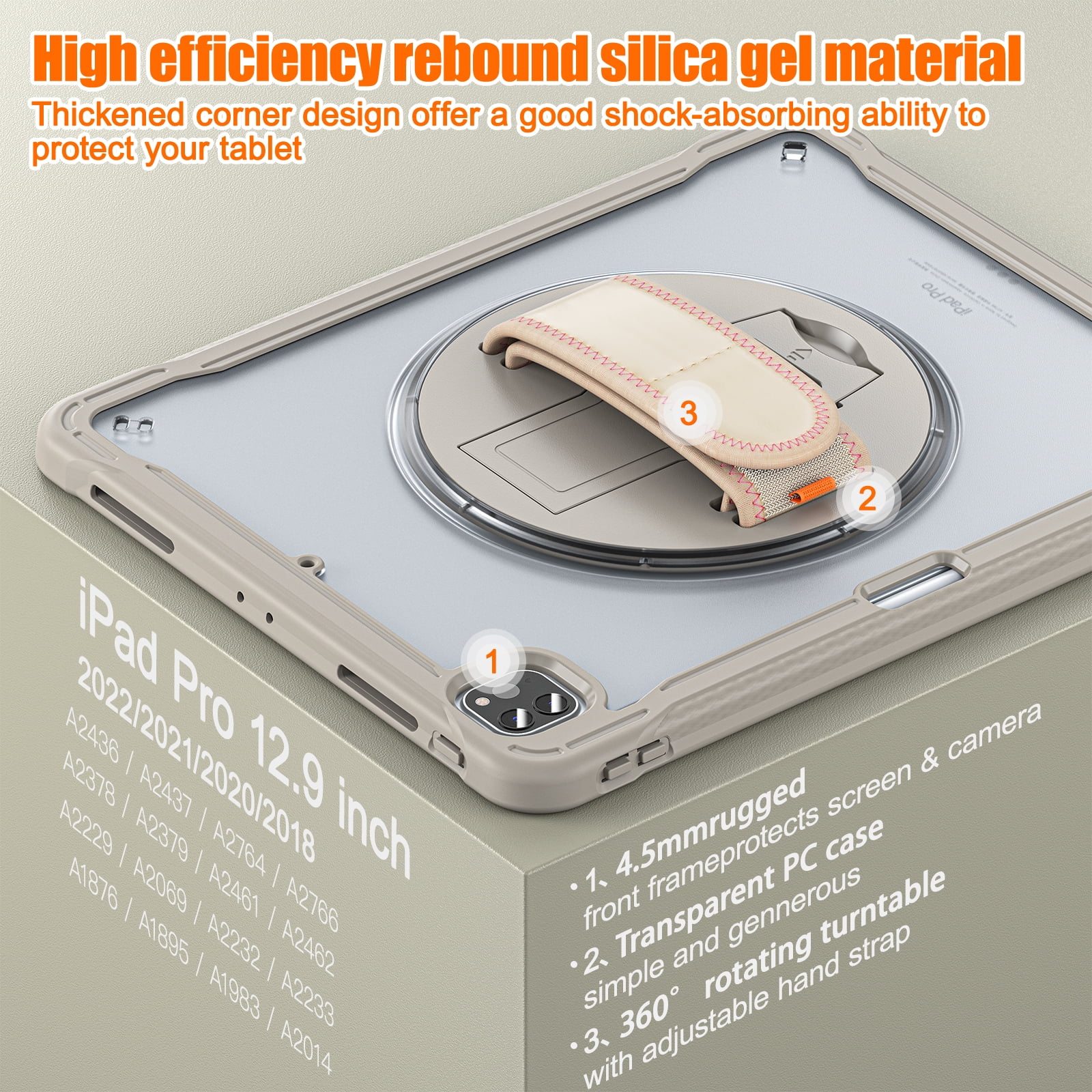 Allytech Rugged Case for Apple iPad Pro 12.9 2022/22021/2020/2018 6th/5th/4th/3rd Gen Kicktand Translucent Back Cover Shockproof Adjustable Shoulder Strap Kids Friendly with Pencil Holder-Khaki