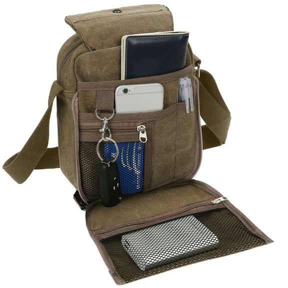 Canvas Messenger Bag with 8 Pockets Outdoor Shoulder Phone Bag for Men & Women, Khaki