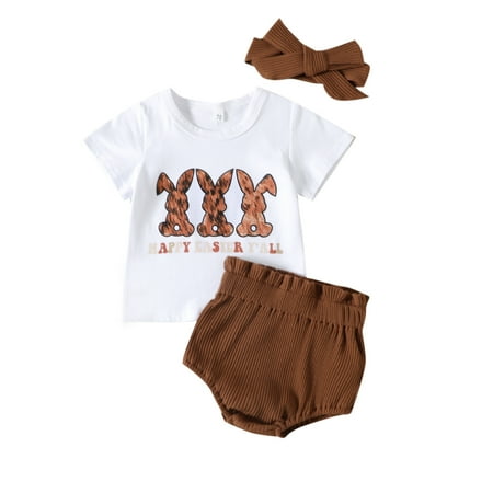 

Toddler Girls Outfit Easter Babys Girls Suit Cartoon Rabbit Print Tops Shorts With Headband 3Pcs Set Outfits