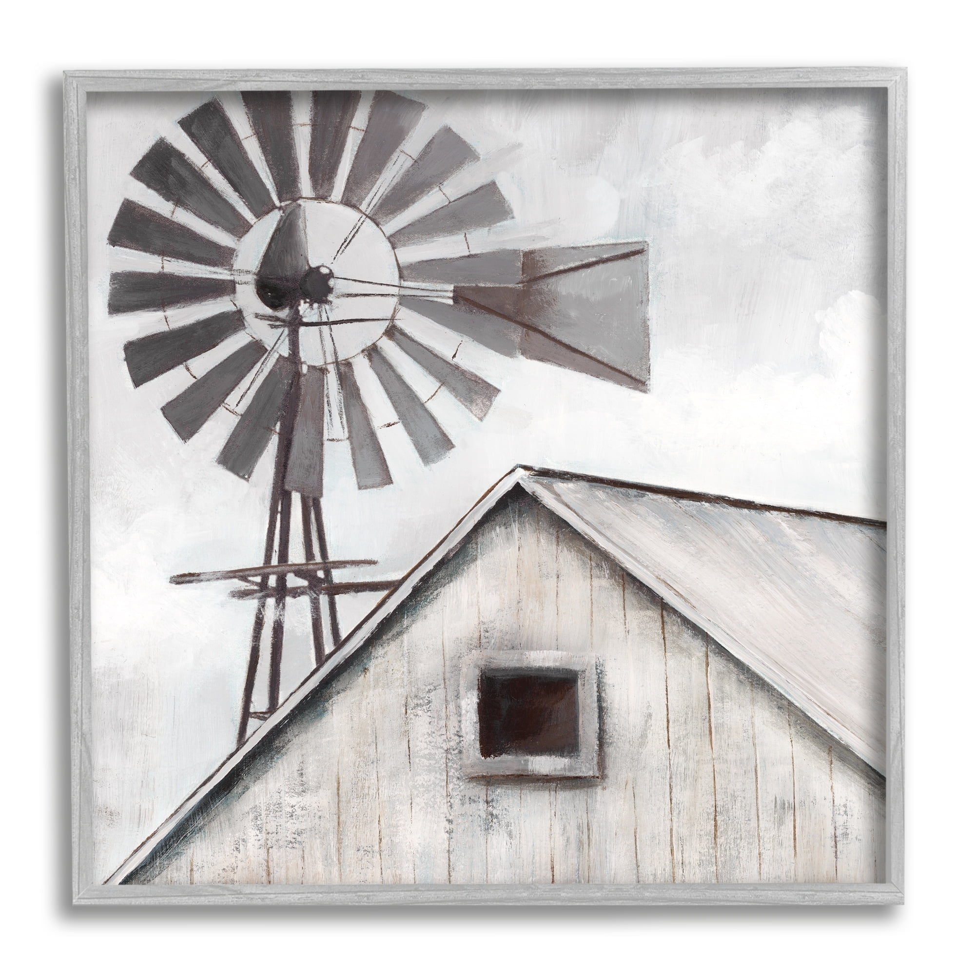 Stupell Industries Countryside Windmill Dark Cloudy Sky Rural Barn Painting Gray Framed Art Print Wall Art, Design by Nan