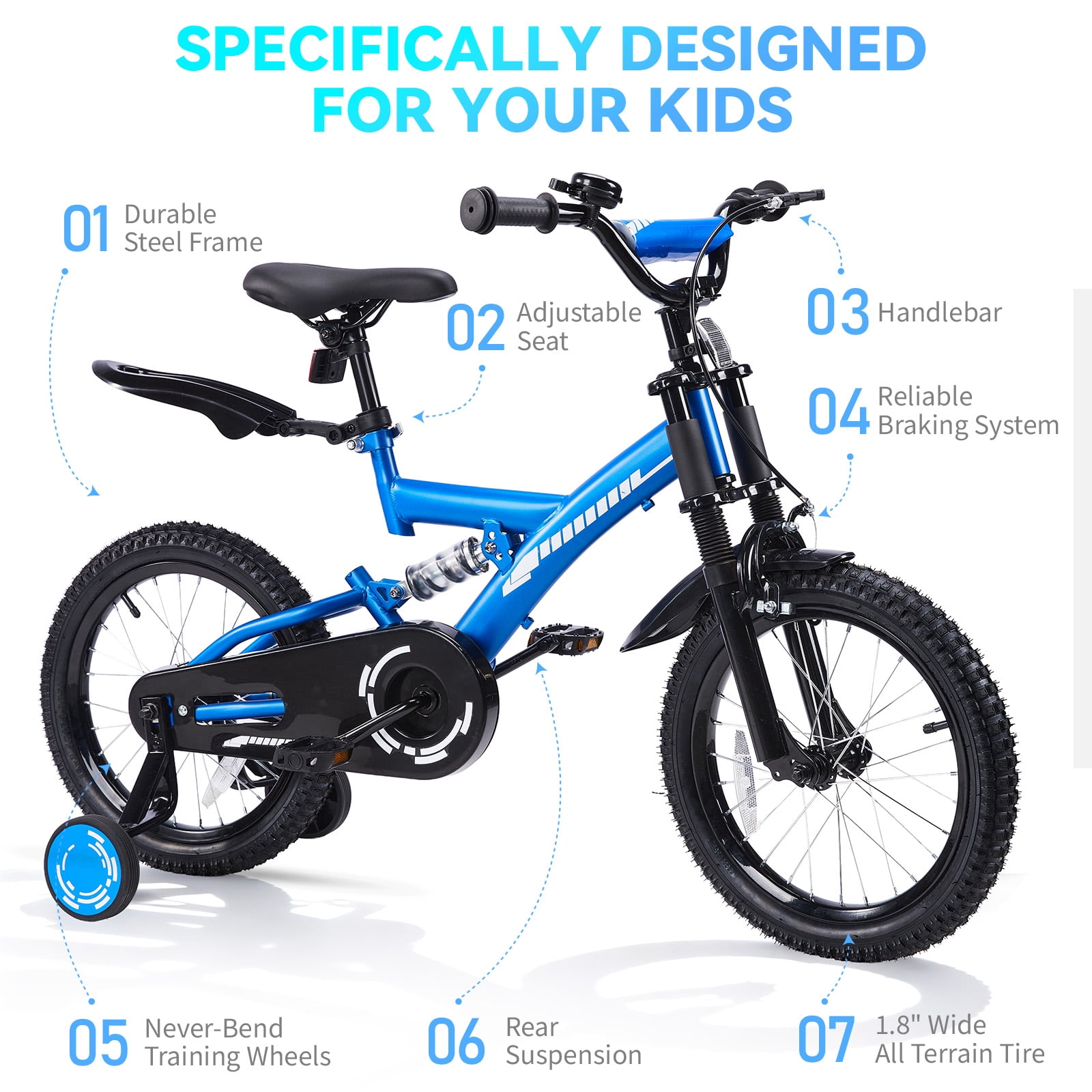 SUGIFT 16 Inch Kids Bike for Boys Girls Ages 4-7, Training Wheels, Handbrake and Bell, Blue