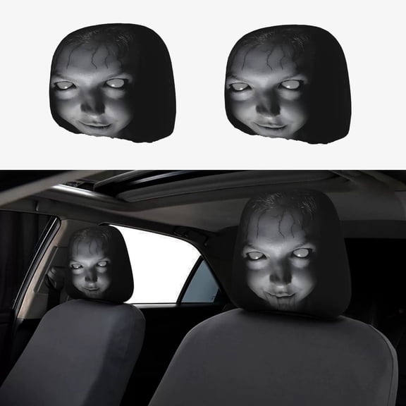 Lypsnake Ghost Face Headrest Covers, Spooky Horror Print Elastic Fabric Universal Fit Car Seat Protectors for Halloween Themed Automotive Interior Decoration